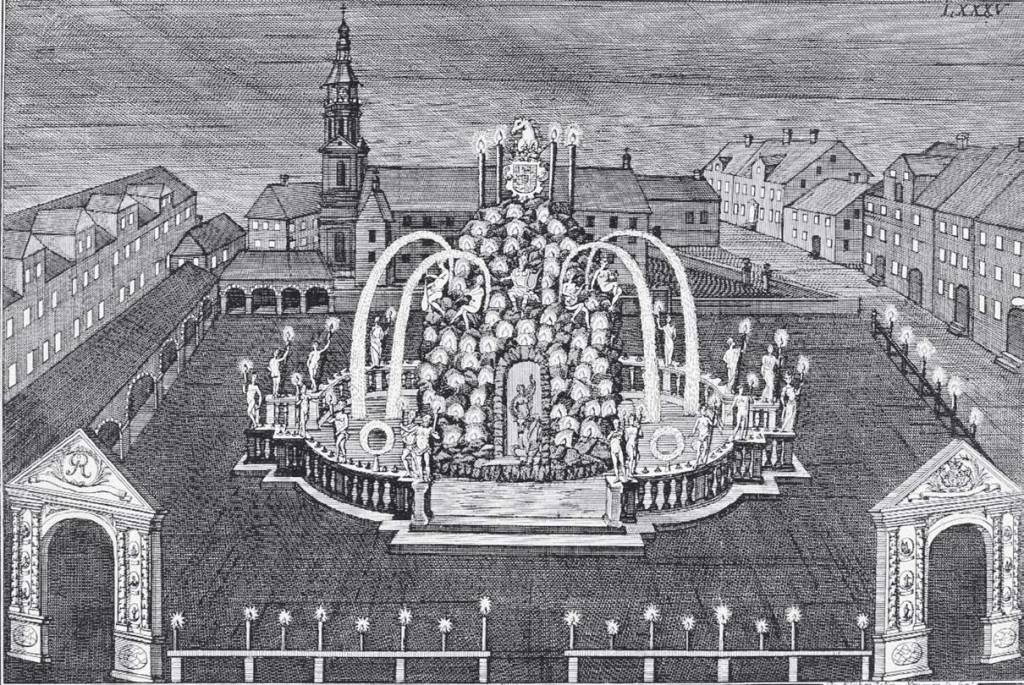 Der illuminierte Neustädter Markt mit dem Parnaßbrunnen. Kupferstich von de Klyher, 1727. Quelle: Niedersächsische Landesbibliothek 