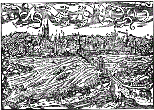 Holzschnitt Stadtansicht Frankfurt (Oder) von Sebastian Münster (1548)