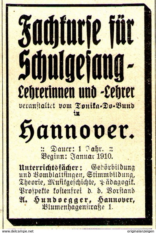 Annonce "Fachkurse für Schulgesang" 1910