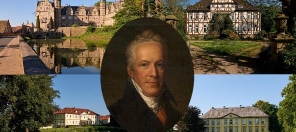 Rittergüter der Calenberg-Grubenhagenschen Landschaft: Schloss Hämelschenburg (links oben), Gut Poggenhagen (rechts oben), Schloss Neuhardenberg (links unten), Herrenhaus Leveste (rechts unten), Karl August von Hardenberg (Mitte) (Fotos: Frank Kimmel)