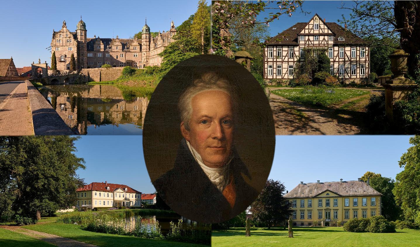 Rittergüter der Calenberg-Grubenhagenschen Landschaft: Schloss Hämelschenburg (links oben), Gut Poggenhagen (rechts oben), Schloss Neuhardenberg (links unten), Herrenhaus Leveste (rechts unten), Karl August von Hardenberg (Mitte) (Fotos: Frank Kimmel)